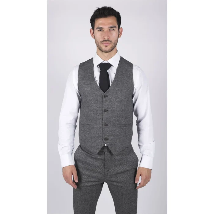 Mens Classic Waistcoat Prince Of Wales Check Grey Slim Fit Vintage Wedding - Image 4
