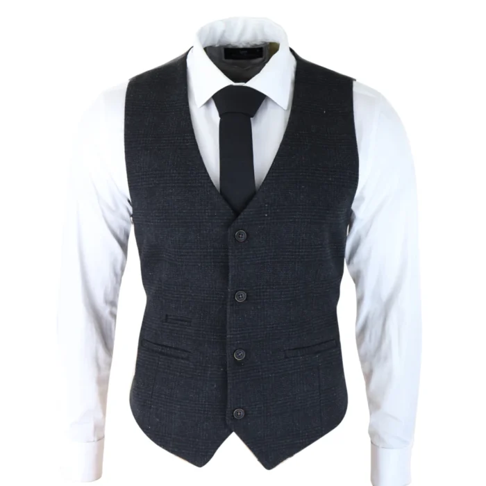 Mens Classic Waistcoat Prince Of Wales Check Black Slim Fit Vintage Wedding - Image 1