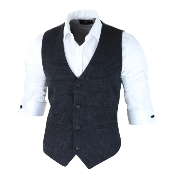 Mens Classic Waistcoat Prince Of Wales Check Black Slim Fit Vintage Wedding - Image 2
