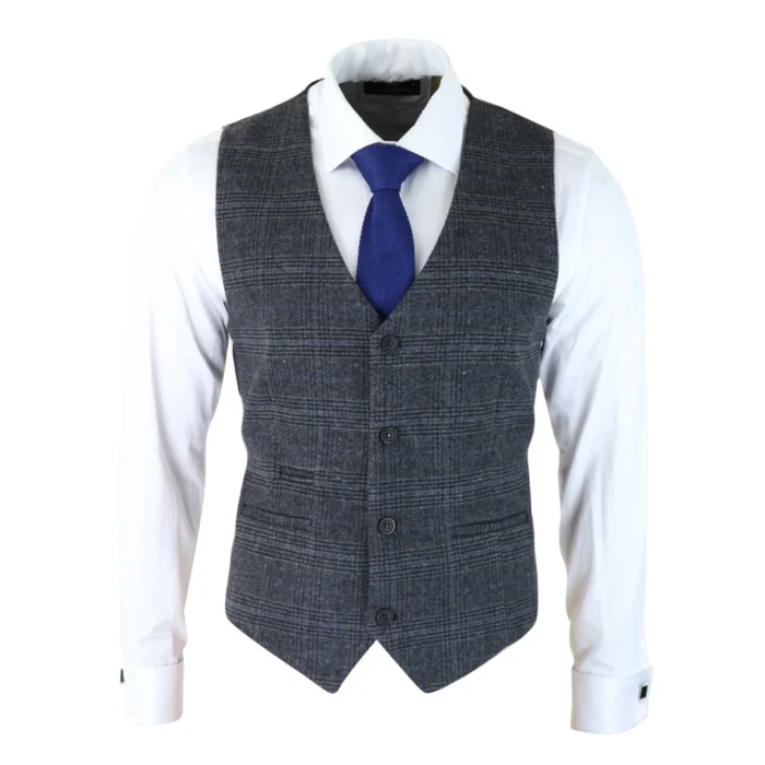 Mens Classic Waistcoat Prince Of Wales Check Dark Grey Slim Fit Vintage Wedding - Image 1