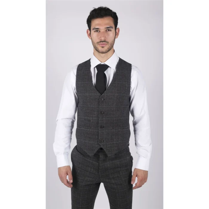 Mens Classic Waistcoat Prince Of Wales Check Dark Grey Slim Fit Vintage Wedding - Image 2