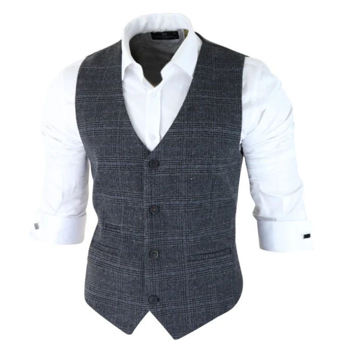 Mens Classic Waistcoat Prince Of Wales Check Dark Grey Slim Fit Vintage Wedding - Image 5