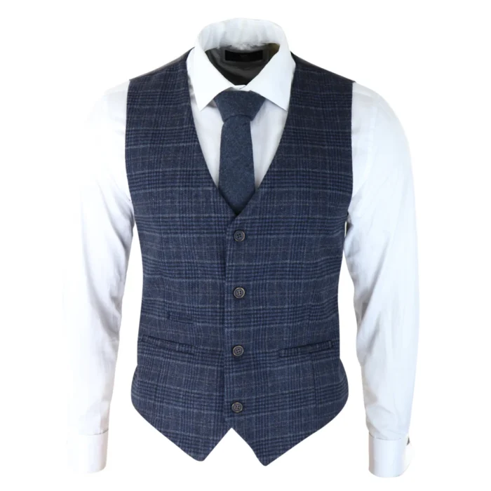 Mens Classic Waistcoat Prince Of Wales Check Blue Slim Fit Vintage Wedding - Image 1