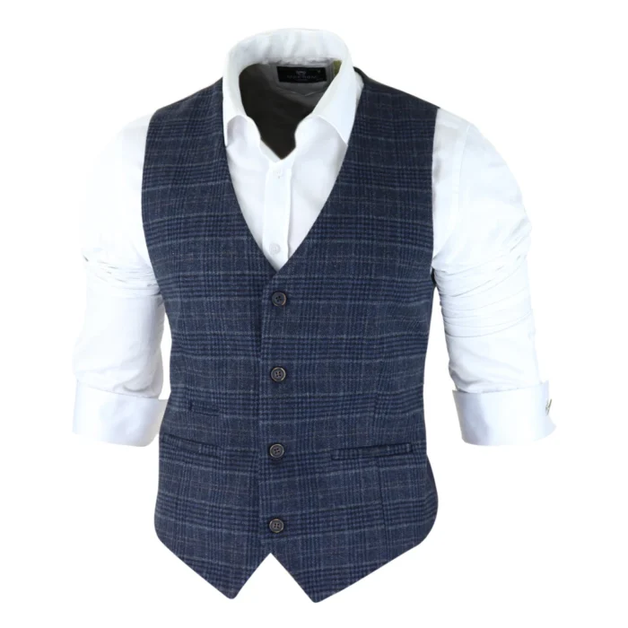 Mens Classic Waistcoat Prince Of Wales Check Blue Slim Fit Vintage Wedding - Image 2