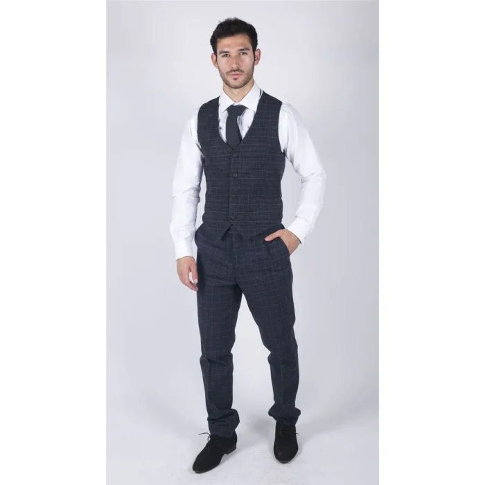 Mens Classic Waistcoat Prince Of Wales Check Blue Slim Fit Vintage Wedding - Image 4