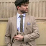 Men Tweed 3 Piece Suit Tan Oak Double Breasted Tailored Fit Wedding - Image 2
