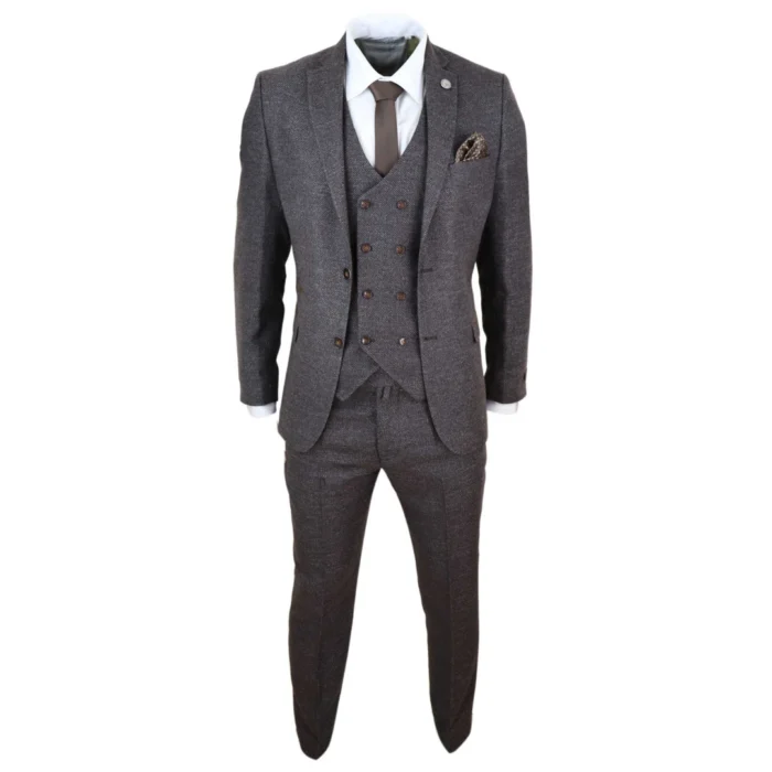 Mens Wool 3 Piece Suit Double Breasted Waistcoat Brown Tweed 1920s - Image 2
