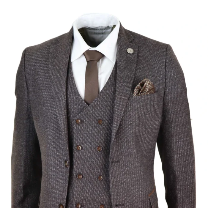 Mens Wool 3 Piece Suit Double Breasted Waistcoat Brown Tweed 1920s - Image 3