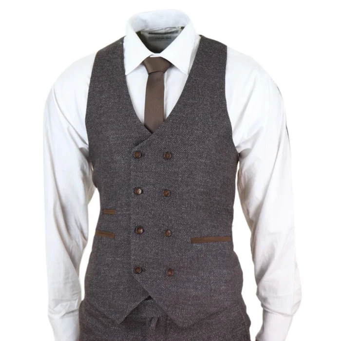 Mens Wool 3 Piece Suit Double Breasted Waistcoat Brown Tweed 1920s - Image 5