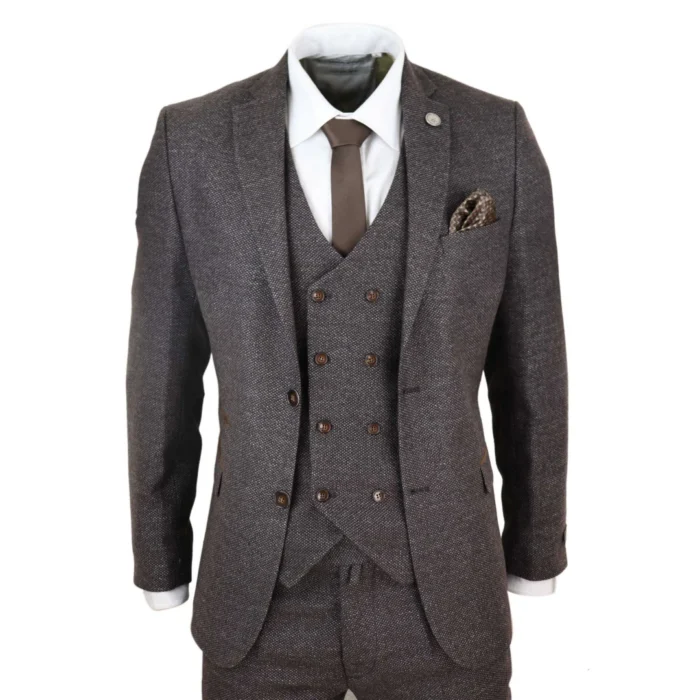 Mens Wool 3 Piece Suit Double Breasted Waistcoat Brown Tweed 1920s - Image 1