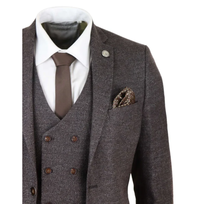 Mens Wool 3 Piece Suit Double Breasted Waistcoat Brown Tweed 1920s - Image 4