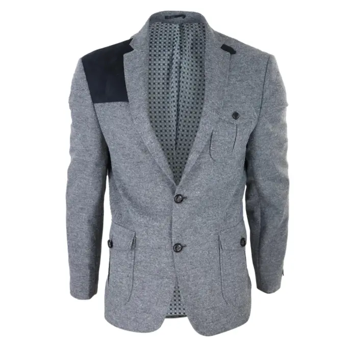 Mens Wool Tweed Shooting Jacket Hunting Blazer Elbow Patch Grey Vintage Races - Image 1