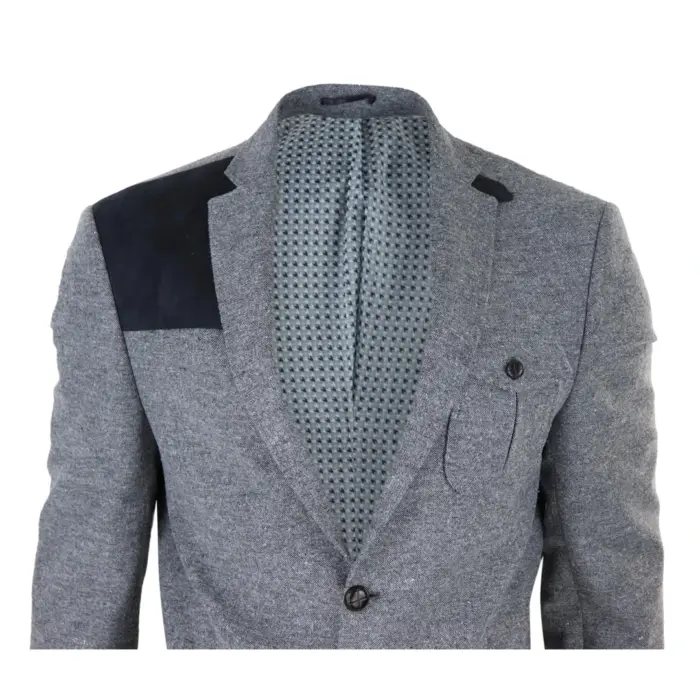 Mens Wool Tweed Shooting Jacket Hunting Blazer Elbow Patch Grey Vintage Races - Image 4