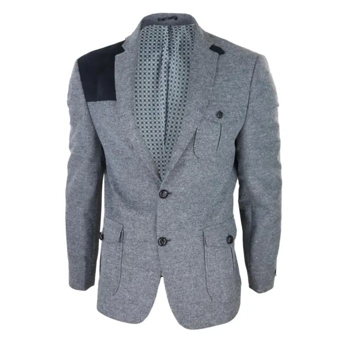 Mens Wool Tweed Shooting Jacket Hunting Blazer Elbow Patch Grey Vintage Races - Image 3