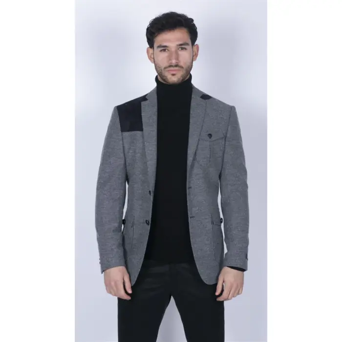 Mens Wool Tweed Shooting Jacket Hunting Blazer Elbow Patch Grey Vintage Races - Image 2