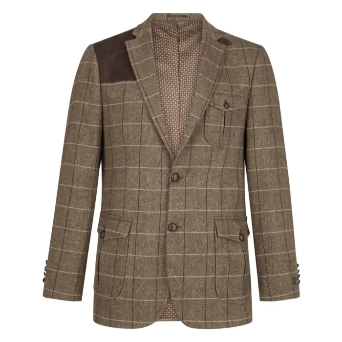 Mens Wool Tweed Shooting Jacket Check Hunting Herringbone Blazer Oak Elbow Patch - Image 1
