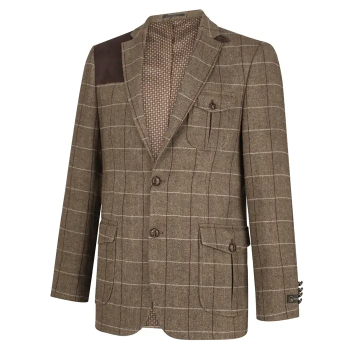 Mens Wool Tweed Shooting Jacket Check Hunting Herringbone Blazer Oak Elbow Patch - Image 2
