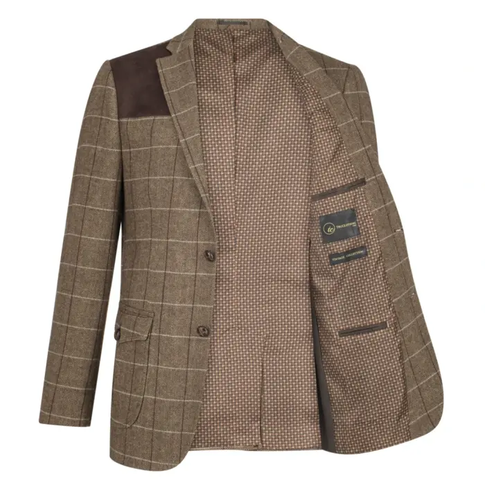 Mens Wool Tweed Shooting Jacket Check Hunting Herringbone Blazer Oak Elbow Patch - Image 5