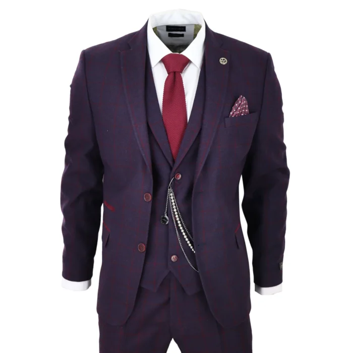Men's 3 Piece Suit Wool Tweed Plum Wine Check 1920s Gatsby Formal Dress Suits - Image 1