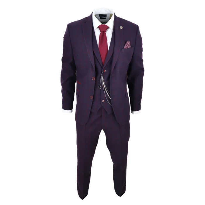 Men's 3 Piece Suit Wool Tweed Plum Wine Check 1920s Gatsby Formal Dress Suits - Image 2