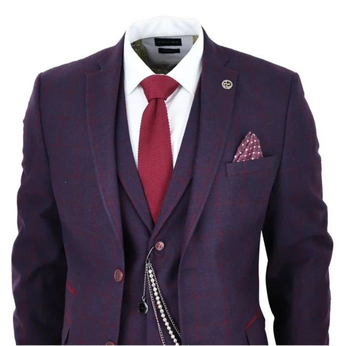 Men's 3 Piece Suit Wool Tweed Plum Wine Check 1920s Gatsby Formal Dress Suits - Image 3
