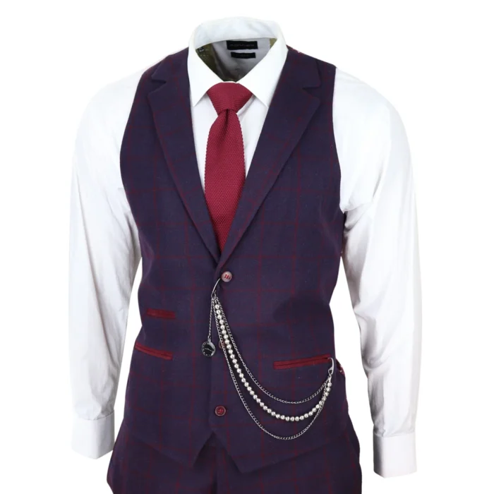 Men's 3 Piece Suit Wool Tweed Plum Wine Check 1920s Gatsby Formal Dress Suits - Image 5