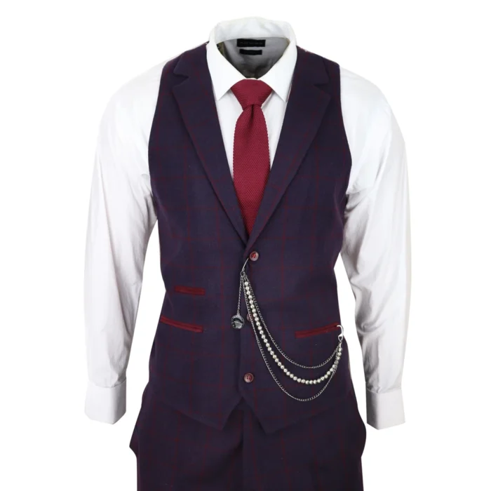 Men's 3 Piece Suit Wool Tweed Plum Wine Check 1920s Gatsby Formal Dress Suits - Image 6