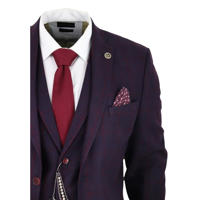 Men's 3 Piece Suit Wool Tweed Plum Wine Check 1920s Gatsby Formal Dress Suits - Image 4