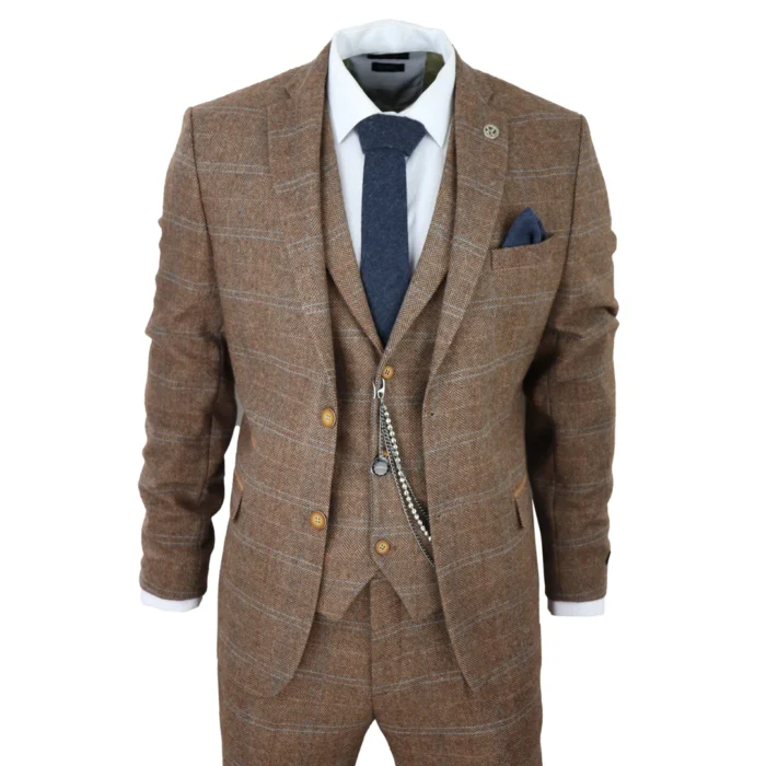 Men's 3 Piece Suit Wool Tweed Herringbone Tan Brown Blue Check 1920s Gatsby Formal Dress Suits - Image 1