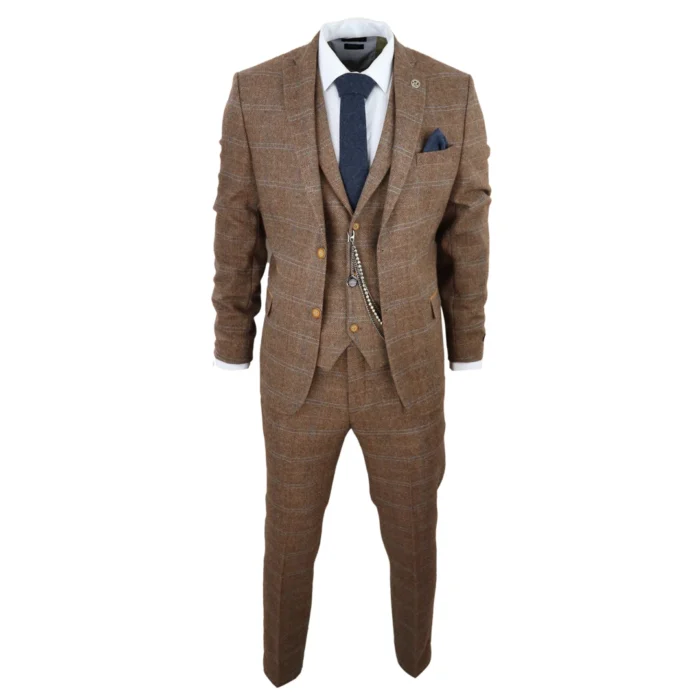 Men's 3 Piece Suit Wool Tweed Herringbone Tan Brown Blue Check 1920s Gatsby Formal Dress Suits - Image 2