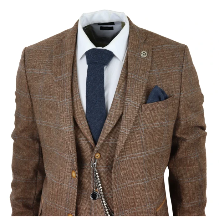 Men's 3 Piece Suit Wool Tweed Herringbone Tan Brown Blue Check 1920s Gatsby Formal Dress Suits - Image 3