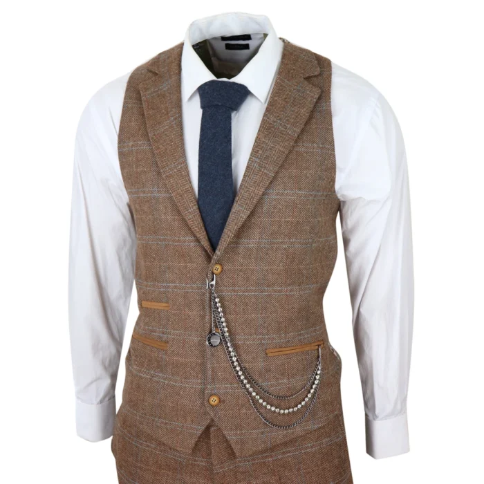Men's 3 Piece Suit Wool Tweed Herringbone Tan Brown Blue Check 1920s Gatsby Formal Dress Suits - Image 5