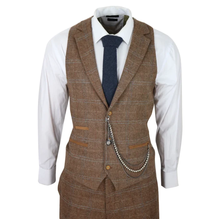 Men's 3 Piece Suit Wool Tweed Herringbone Tan Brown Blue Check 1920s Gatsby Formal Dress Suits - Image 6