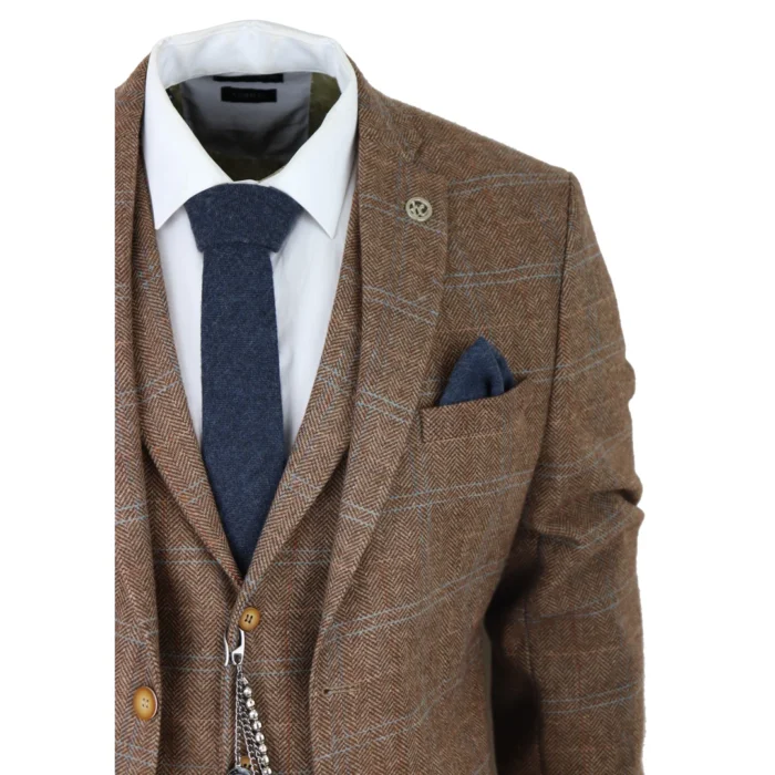 Men's 3 Piece Suit Wool Tweed Herringbone Tan Brown Blue Check 1920s Gatsby Formal Dress Suits - Image 4