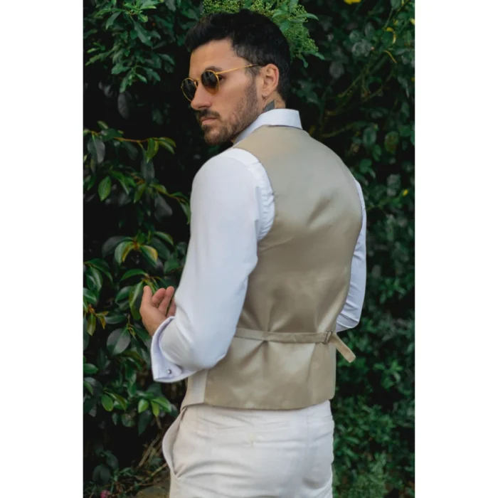 Mens Summer Suit Waistcoat Trousers Linen Smart Formal Cream Beige Wedding - Image 6