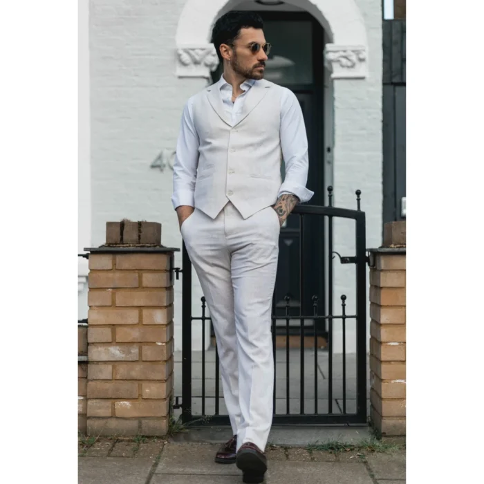 Mens Summer Suit Waistcoat Trousers Linen Smart Formal Cream Beige Wedding - Image 2