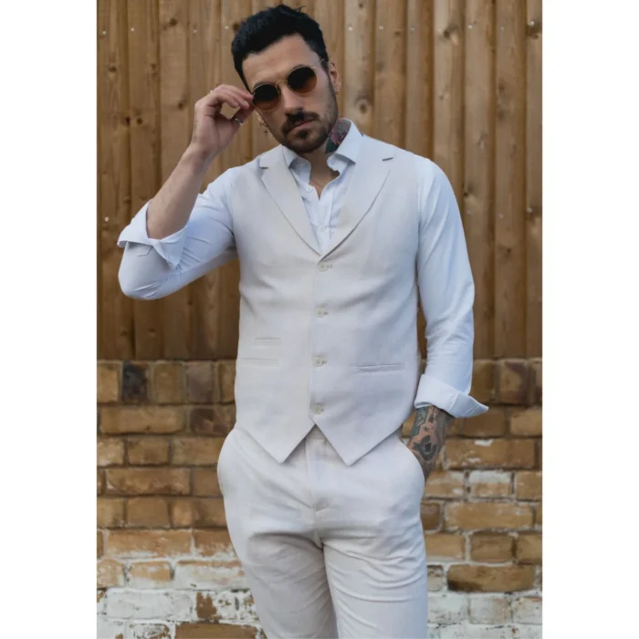 Mens Summer Suit Waistcoat Trousers Linen Smart Formal Cream Beige Wedding - Image 3