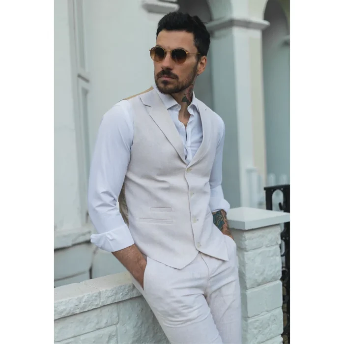 Mens Summer Suit Waistcoat Trousers Linen Smart Formal Cream Beige Wedding - Image 4