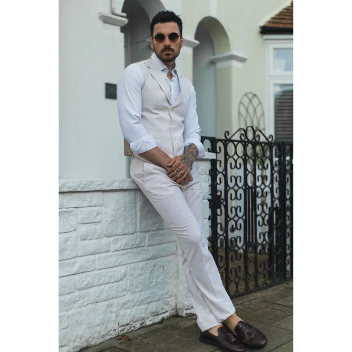 Mens Summer Suit Waistcoat Trousers Linen Smart Formal Cream Beige Wedding - Image 5