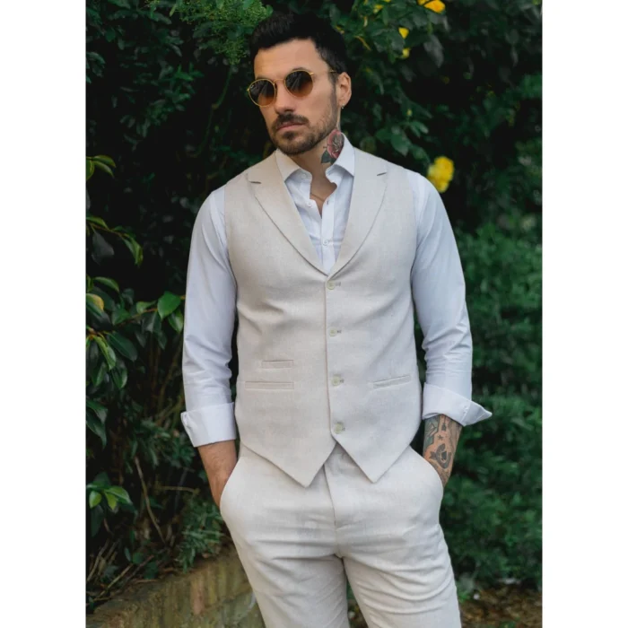 Mens Summer Suit Waistcoat Trousers Linen Smart Formal Cream Beige Wedding - Image 1