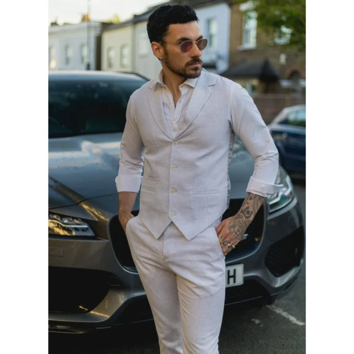 Mens Summer Suit Waistcoat Trousers Linen Smart Formal Light Grey Wedding - Image 1