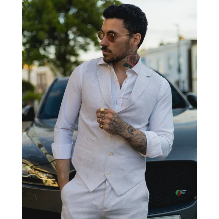 Mens Summer Suit Waistcoat Trousers Linen Smart Formal Light Grey Wedding - Image 2