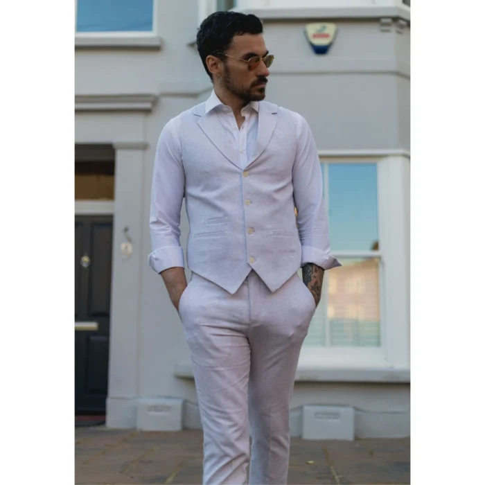 Mens Summer Suit Waistcoat Trousers Linen Smart Formal Light Grey Wedding - Image 3