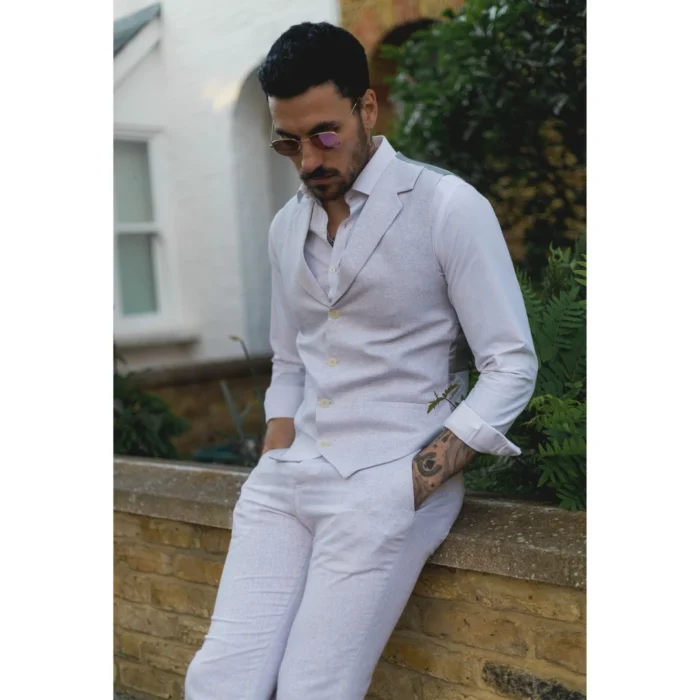 Mens Summer Suit Waistcoat Trousers Linen Smart Formal Light Grey Wedding - Image 4