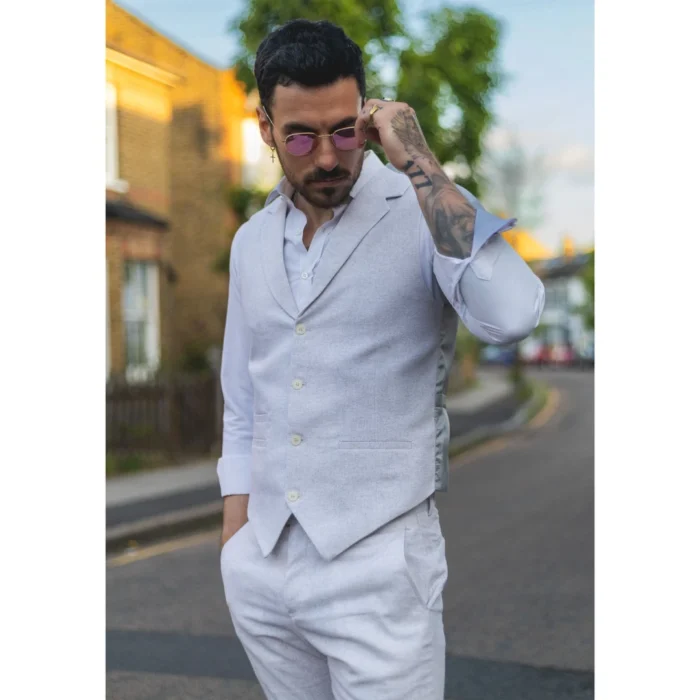 Mens Summer Suit Waistcoat Trousers Linen Smart Formal Light Grey Wedding - Image 5