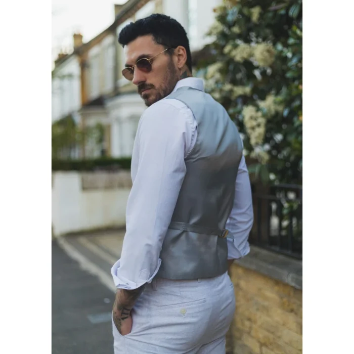 Mens Summer Suit Waistcoat Trousers Linen Smart Formal Light Grey Wedding - Image 6