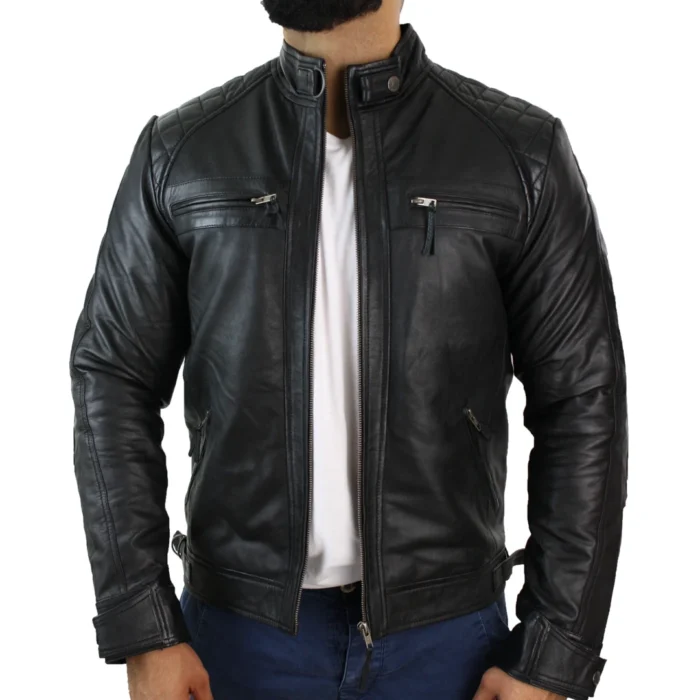 Mens Retro Style Zipped Biker Jacket Real Leather Soft Black Casual - Image 1