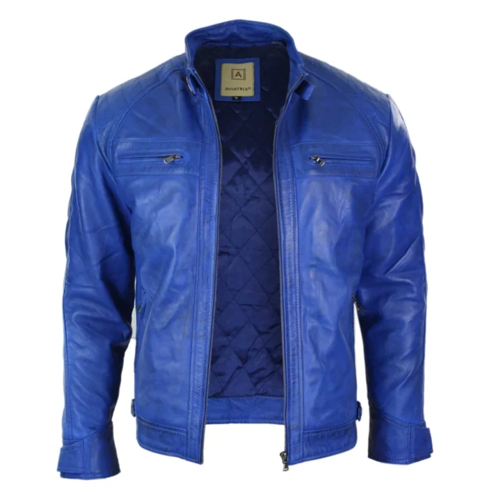 Mens Retro Style Zipped Biker Jacket Real Leather Soft Black Casual - Image 11