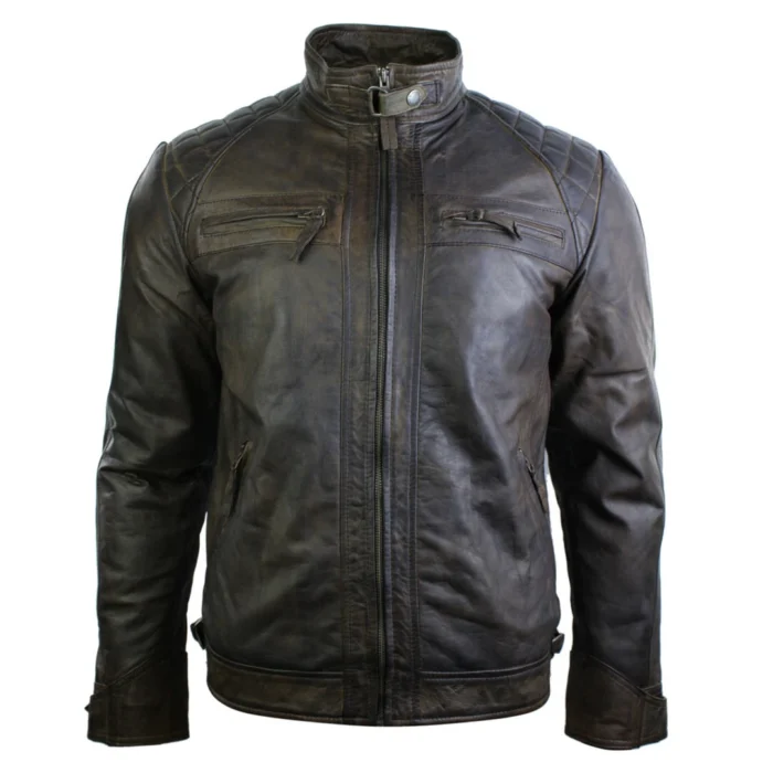 Mens Retro Style Zipped Biker Jacket Real Leather Soft Black Casual - Image 13