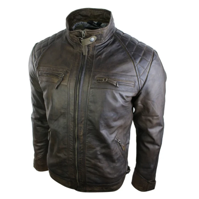 Mens Retro Style Zipped Biker Jacket Real Leather Soft Black Casual - Image 16